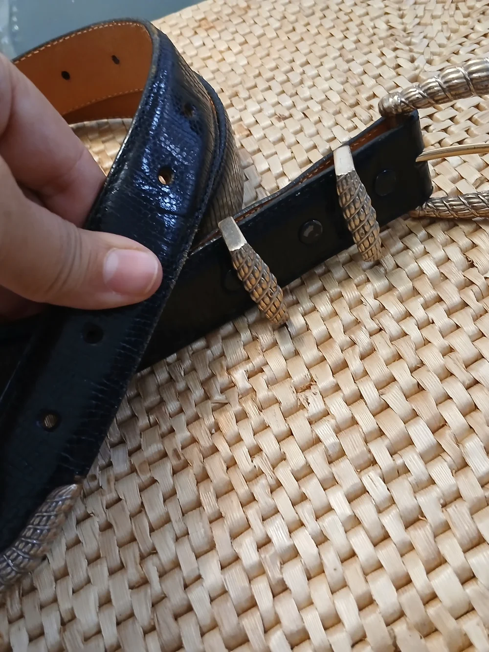 Onyx Black Leather Belt with Textured Gold-Tone Buckle Accents